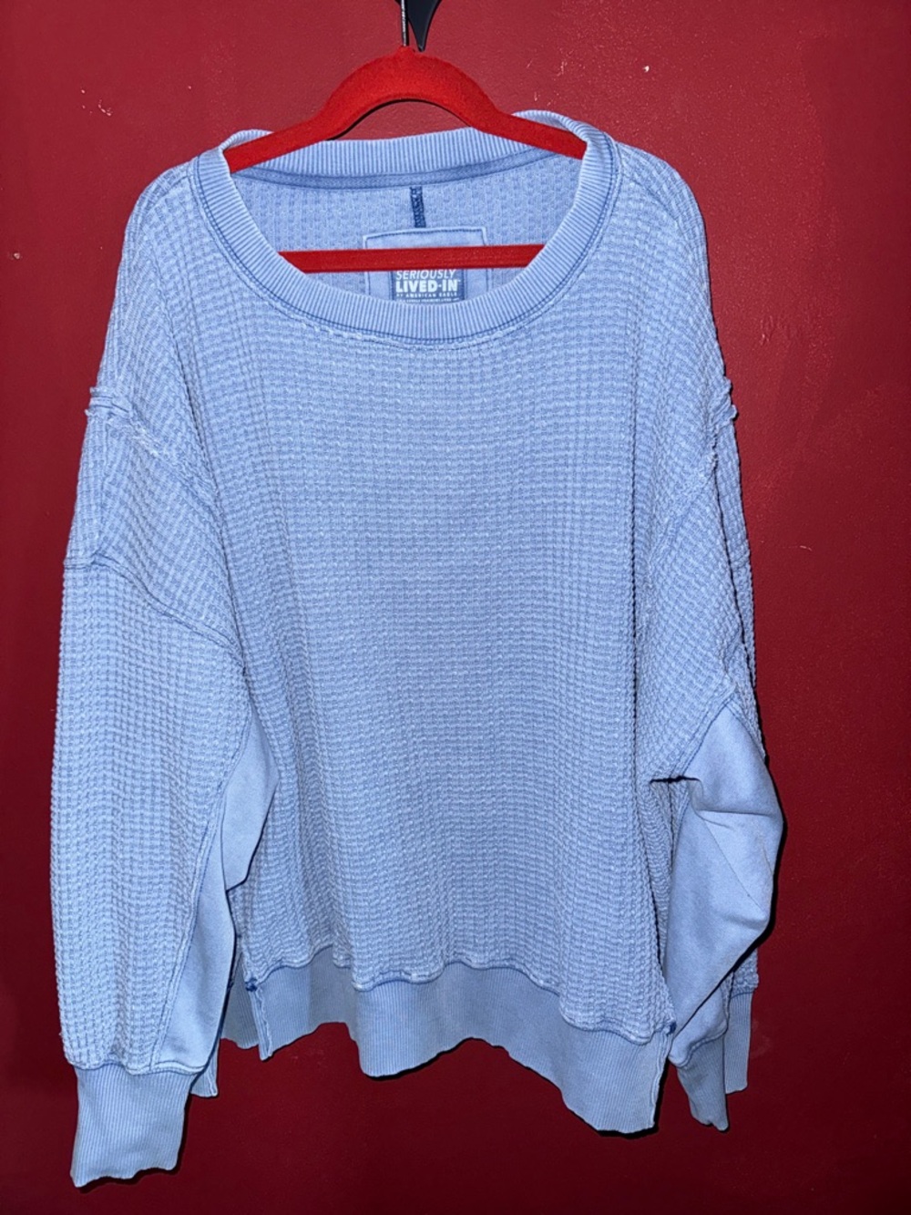 American Eagle Light Blue Waffle Knit Pullover Sweatshirt